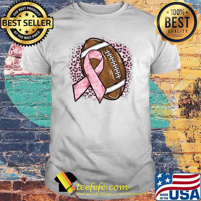 Women Pink Ribbon Leopard Football Breast Cancer Awareness T-shirt