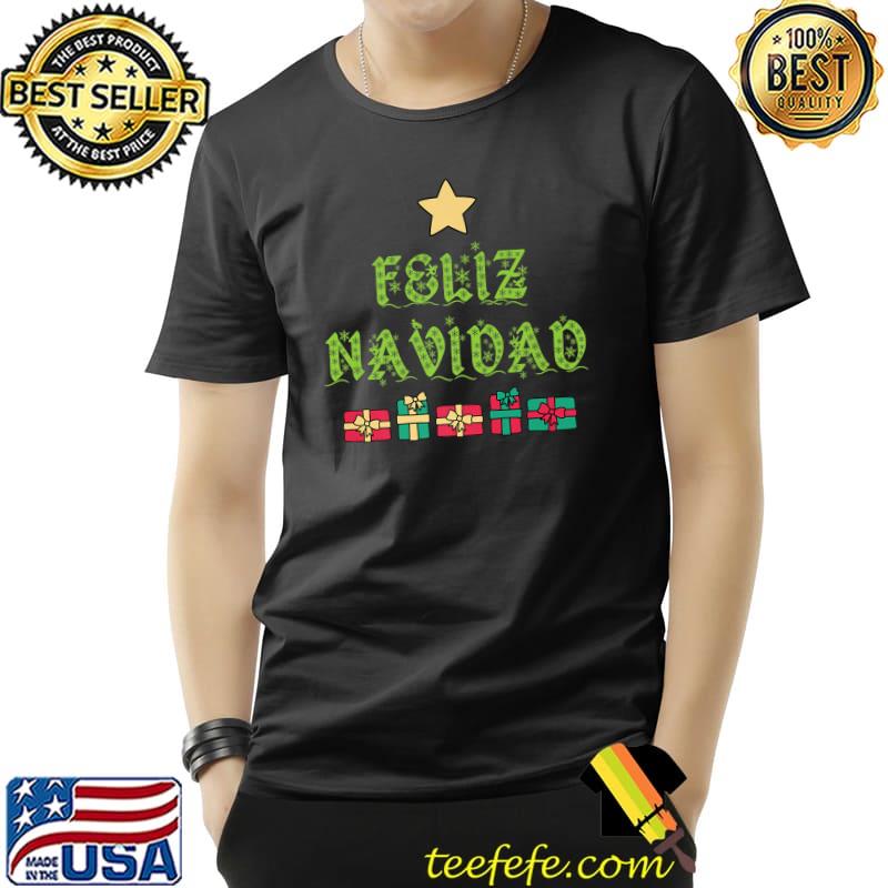 Feliz Navidad Christmas Tree Shaped Star and Presents Premium T-Shirt Unisex Feliz Navidad Christmas Tree Shaped Star and Presents Premium T-Shirt Unisex