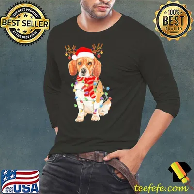 Funny beagle Christmas Lights Reindeer Hat Santa shirt
