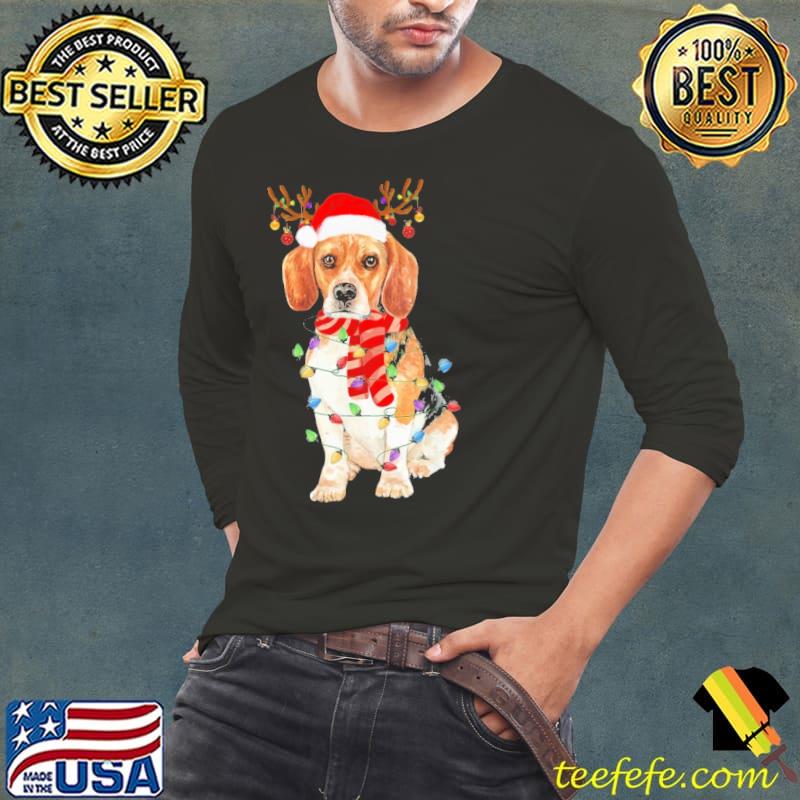 Funny beagle Christmas Lights Reindeer Hat Santa shirt