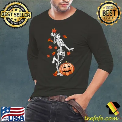 Funny Skeleton Dancing Fall Leaves Pumpkin Halloween T-shirt