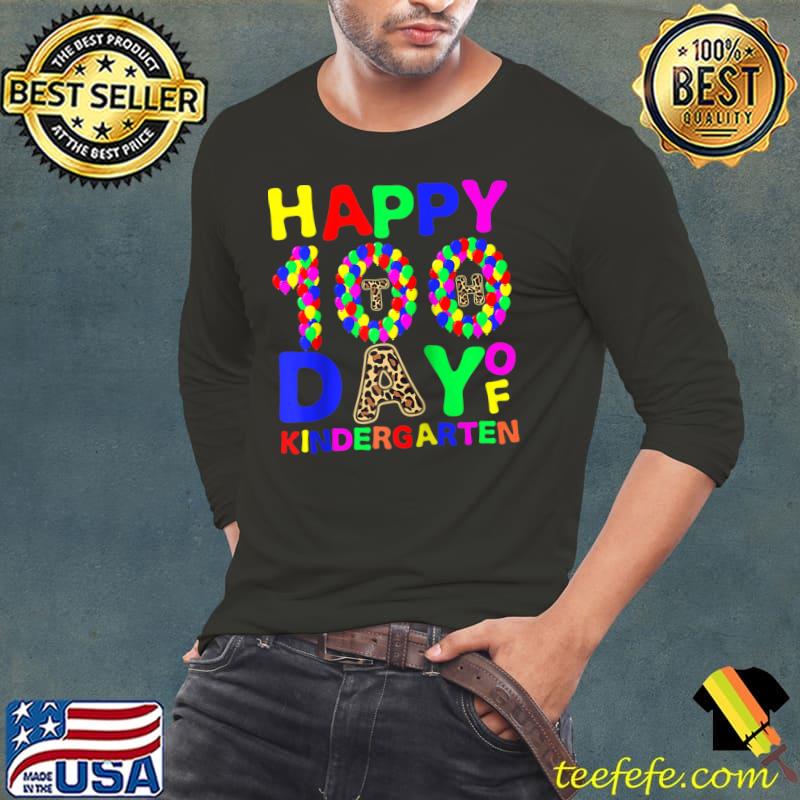 Happy 100th Day Of Kindergarten Leopard Print Balloon School T-s Long Sleeve Tee Happy 100th Day Of Kindergarten Leopard Print Balloon School T-s Long Sleeve Tee