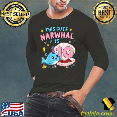 Kids 10th Birthday 10 Year Old Girl Boy Gift Narwhal Sea Unicorn T Shirt