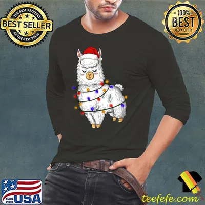 Llama With Santa Hat Tree Lights Xmas Light Christmas T Shirt