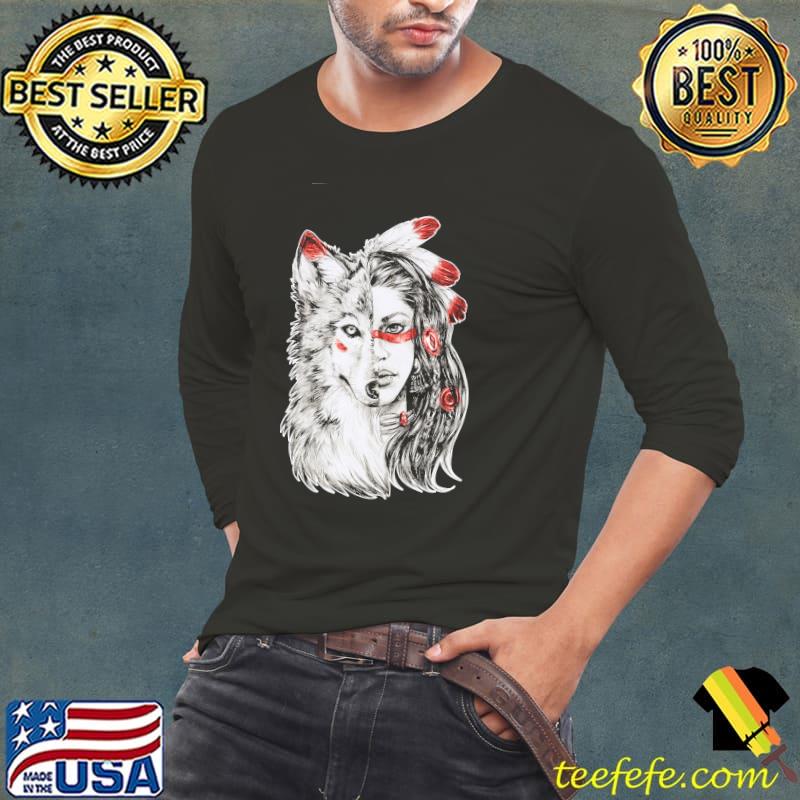 Native American Girl Wolf Half Face Shirt