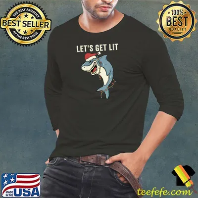 Official let's Get Lit Christmas Lights Pun Funny Shark Santa Meme T-Shirt