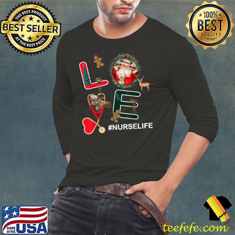 Original funny Love Santa Stethoscope Nurse Life Christmas Fall Women T-Shirt