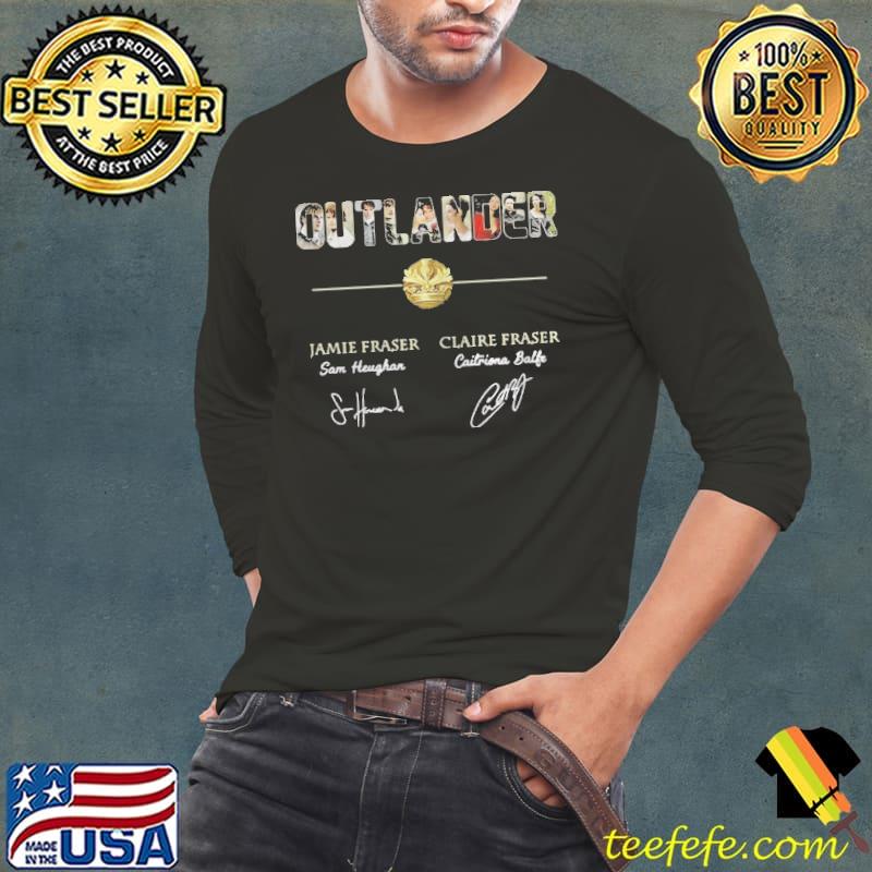 Outlander Jamie Fraser Sam Heughan Claire Fraser Caitriona Balfe Autographed shirt Outlander Jamie Fraser Sam Heughan Claire Fraser Caitriona Balfe Autographed shirt
