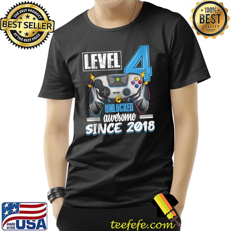 Premium Level 4 Unlocked awesome 2018 4th birthday boy video games T- Unisex Premium Level 4 Unlocked awesome 2018 4th birthday boy video games T- Unisex