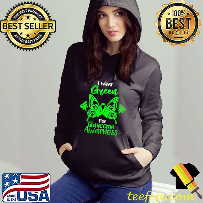 I Wear Green For Glaucoma Awareness Heart Ribbon Butterfly Shirt