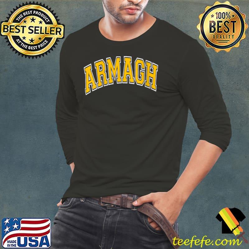 Official Armagh Northern Ireland Varsity Style Green with Amber Text V-Neck T-Shirt Long Sleeve Tee Official Armagh Northern Ireland Varsity Style Green with Amber Text V-Neck T-Shirt Long Sleeve Tee