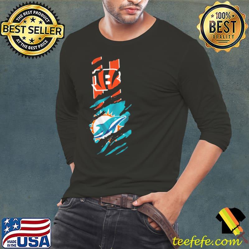 Original Bengals and Dolphins Ripped Double Fan Shirt Long Sleeve Tee Original Bengals and Dolphins Ripped Double Fan Shirt Long Sleeve Tee
