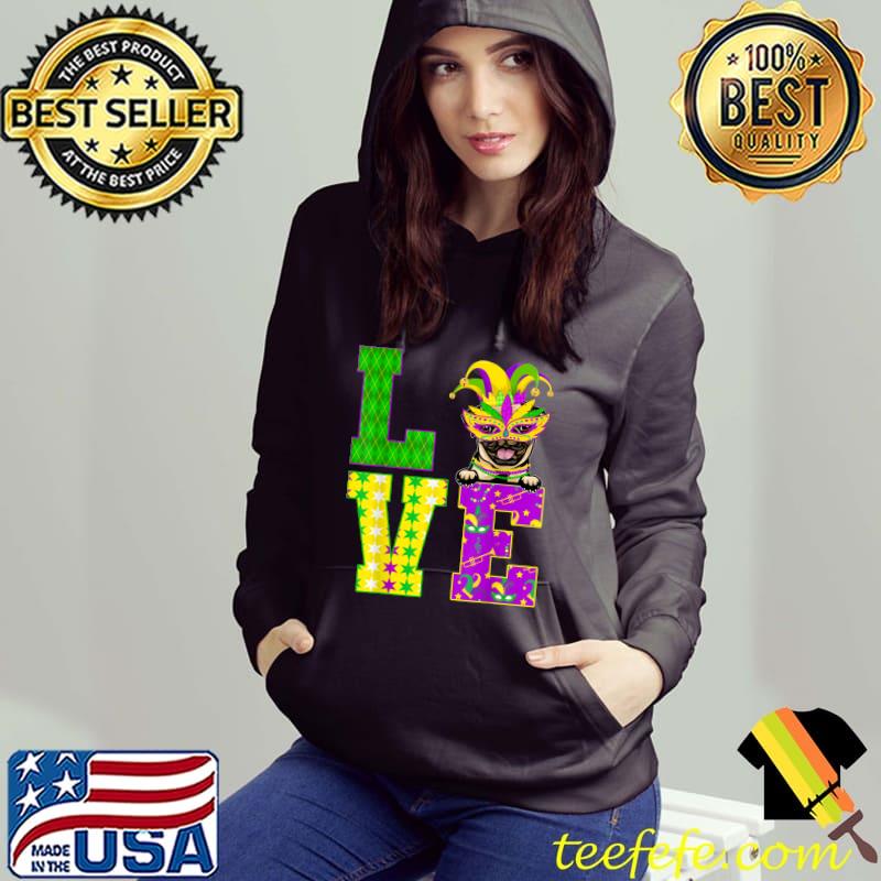 Premium Pug Dog Lover I Love Mardi Gras Costume Mask T-Shirt