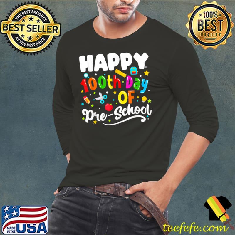 Happy 100 Days Of School Preschool Teachers Kids Graphic T-Shirt Long Sleeve Tee Happy 100 Days Of School Preschool Teachers Kids Graphic T-Shirt Long Sleeve Tee
