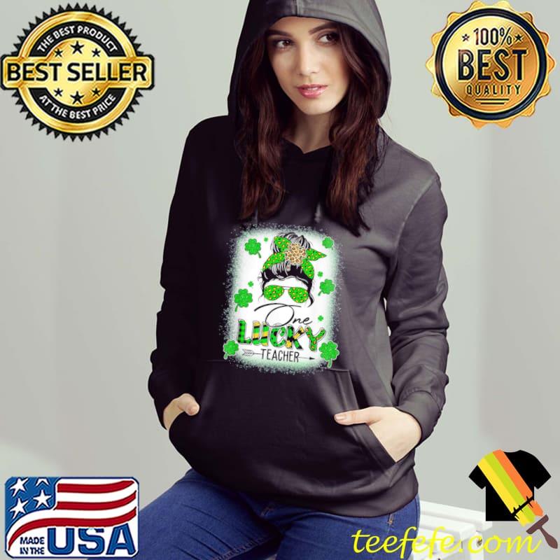 One lucky teacher messy bun shamrock st patrick's day shirt