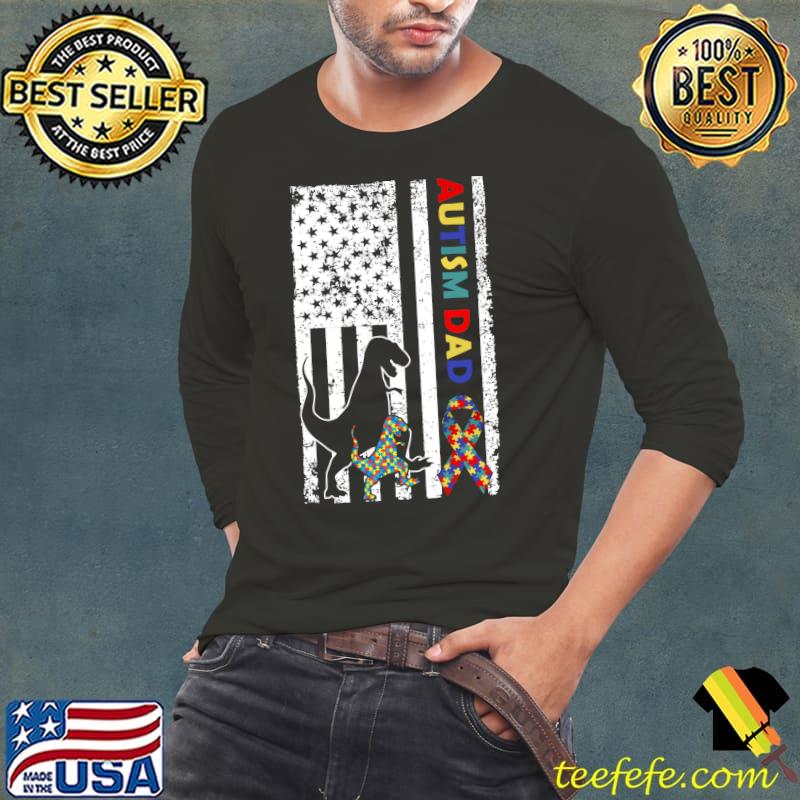 American Flag And Dinosaur T Rex Autism Awareness Dad Daddy T-shirt