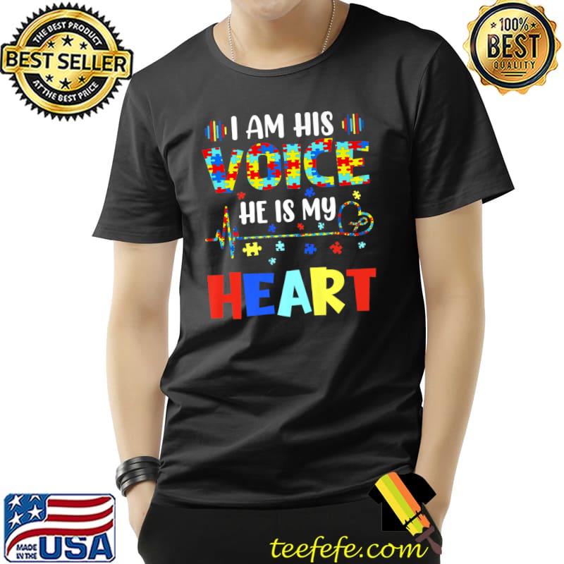 Autism Awareness Son Boys Kids I Am His Voice He Is My Heart Premium T-Shirt