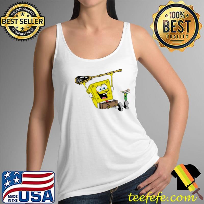 SpongeBob with lacrosse stick and plankton shirt