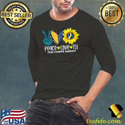 Top Peace Love T21 Blue Yellow Ribbon Down Syndrome Awareness T-Shirt