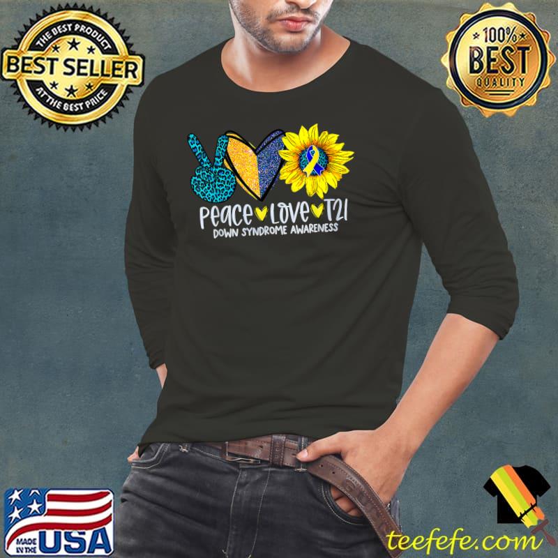 Top Peace Love T21 Blue Yellow Ribbon Down Syndrome Awareness T-Shirt