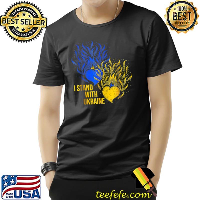 Ukraine Supporter Flag Color Blue Yellow Fire Hearts T-shirt