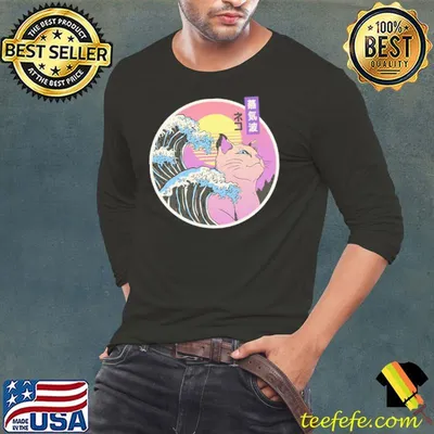 Japanese vaporwave cat with tsunamI and sunset shirt
