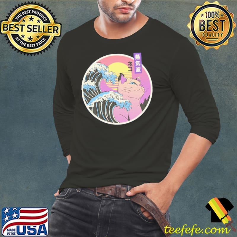 Japanese vaporwave cat with tsunamI and sunset shirt
