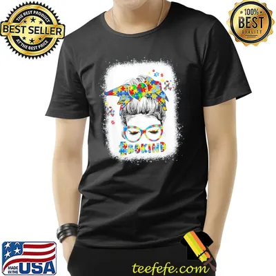 Messy bun hair girls with autism puzzle sunglasses shirt
