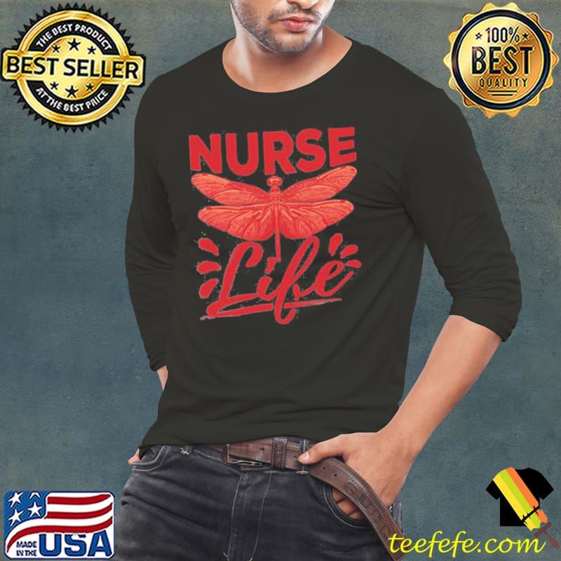 Red style nurse life dragonfly theme shirt