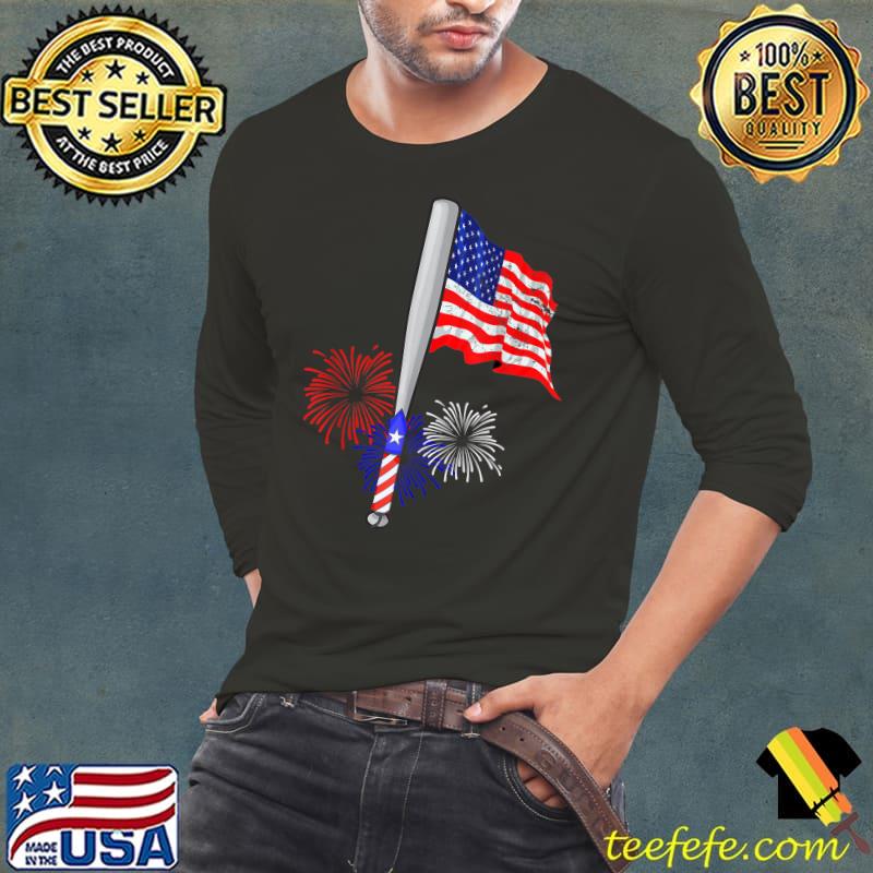 Baseball Bat American Flag Fireworks Baseball Player Lover T-Shirt Long Sleeve Tee Baseball Bat American Flag Fireworks Baseball Player Lover T-Shirt Long Sleeve Tee