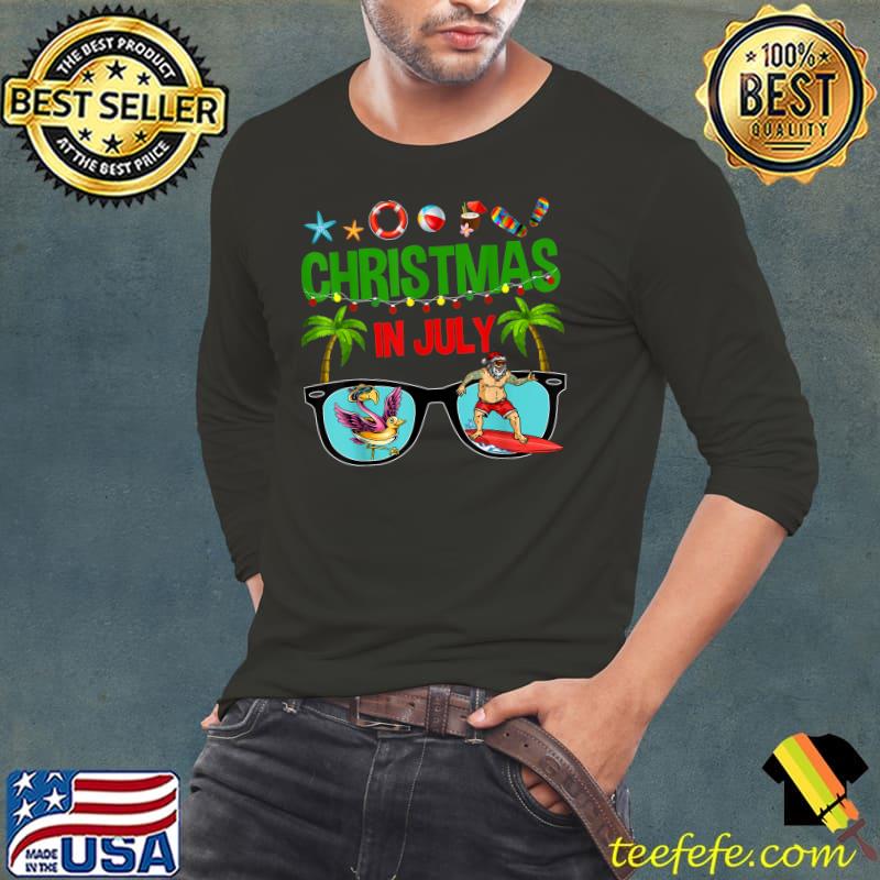 Christmas In July Santa Hat Sunglasses USA Flag Summer T-Shirt