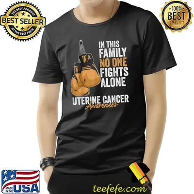 In this family no one fights alone Uterine Cancer Awareness Month Boxing Gloves Peach Ribbon T-Shirt