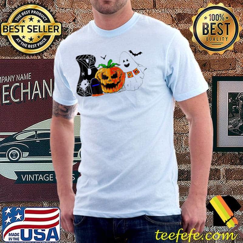 Boo halloween costume spiders ghosts pumpkin and witch hat shirt