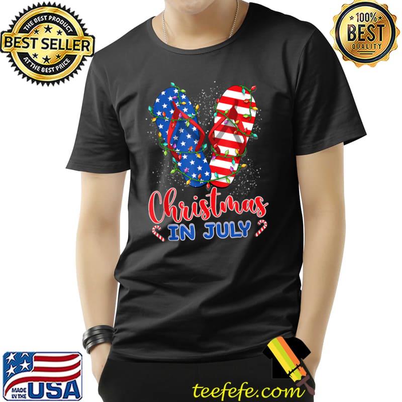 Christmas In July American Flag Flip Flops Xmas Lights T-Shirt