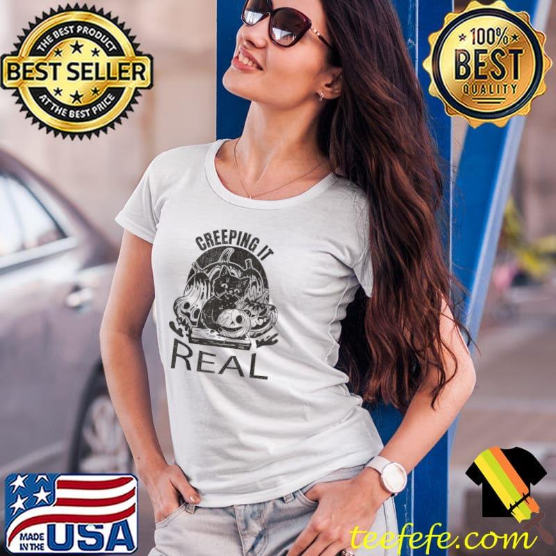 Creeping It Real Pumpkin Carving Black Cat Halloween T-Shirt Ladies Tee Creeping It Real Pumpkin Carving Black Cat Halloween T-Shirt Ladies Tee