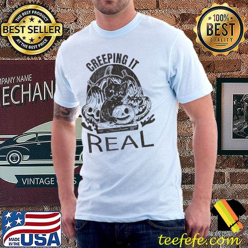 Creeping It Real Pumpkin Carving Black Cat Halloween T-Shirt