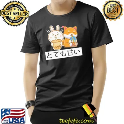 Cute anime kawaiI bunny and fox drinking bubble tea lover shortsleeve shirt