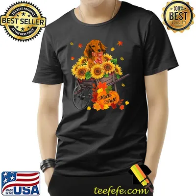 Hello Fall Dachshund Dog In Sunflowers Leaves Autumn Wiener T-Shirt