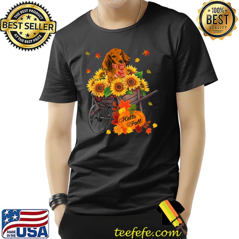 Hello Fall Dachshund Dog In Sunflowers Leaves Autumn Wiener T-Shirt