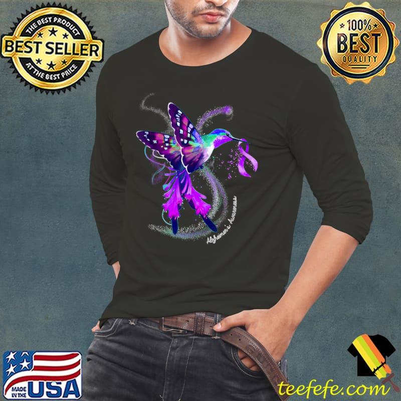Hummingbird Holding Purple Ribbon Alzheimers Awareness T-Shirt Long Sleeve Tee Hummingbird Holding Purple Ribbon Alzheimers Awareness T-Shirt Long Sleeve Tee