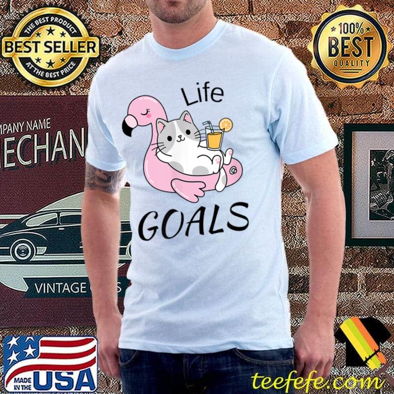 Life Goals Cat and Flamingo Floatie T-Shirt