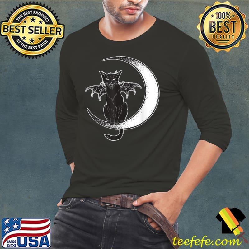 Occult Gothic Cat Wings On Moon Horror T-Shirt Long Sleeve Tee Occult Gothic Cat Wings On Moon Horror T-Shirt Long Sleeve Tee