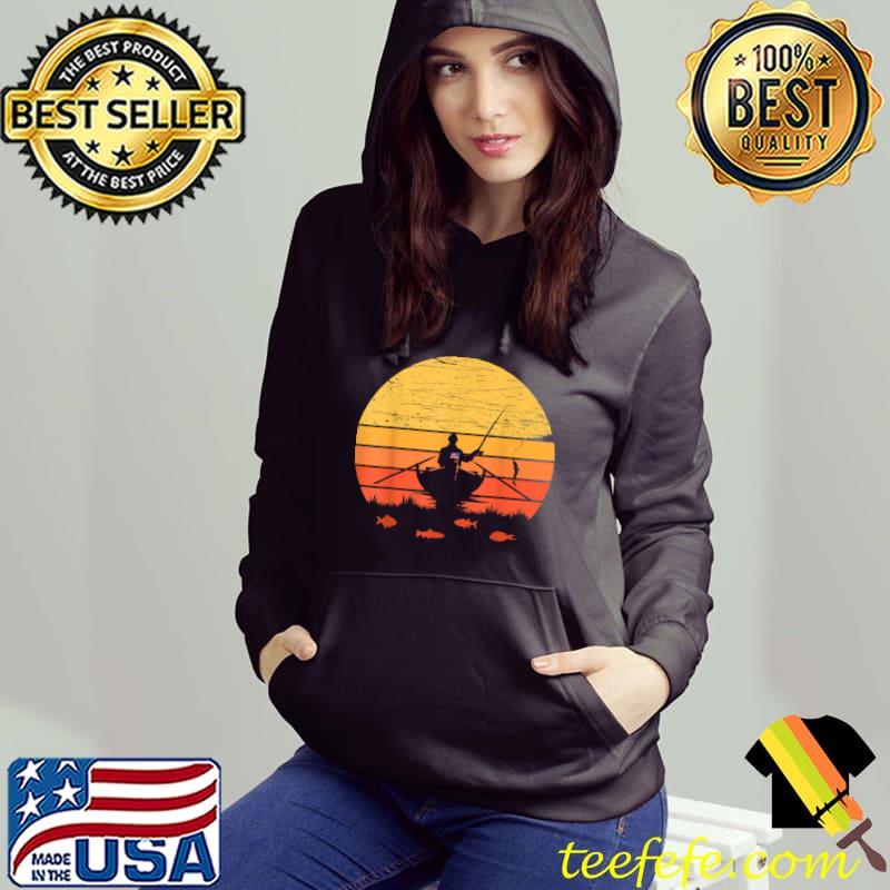 Retro Fisherman Boat & Sunset With USA Flag T-Shirt Hoodie Retro Fisherman Boat & Sunset With USA Flag T-Shirt Hoodie