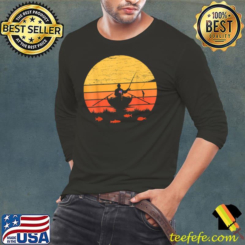 Retro Fisherman Boat & Sunset With USA Flag T-Shirt Long Sleeve Tee Retro Fisherman Boat & Sunset With USA Flag T-Shirt Long Sleeve Tee