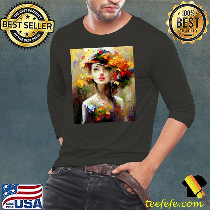 Woman Flowers On Hat Impressionist Painting T-Shirt Long Sleeve Tee Woman Flowers On Hat Impressionist Painting T-Shirt Long Sleeve Tee