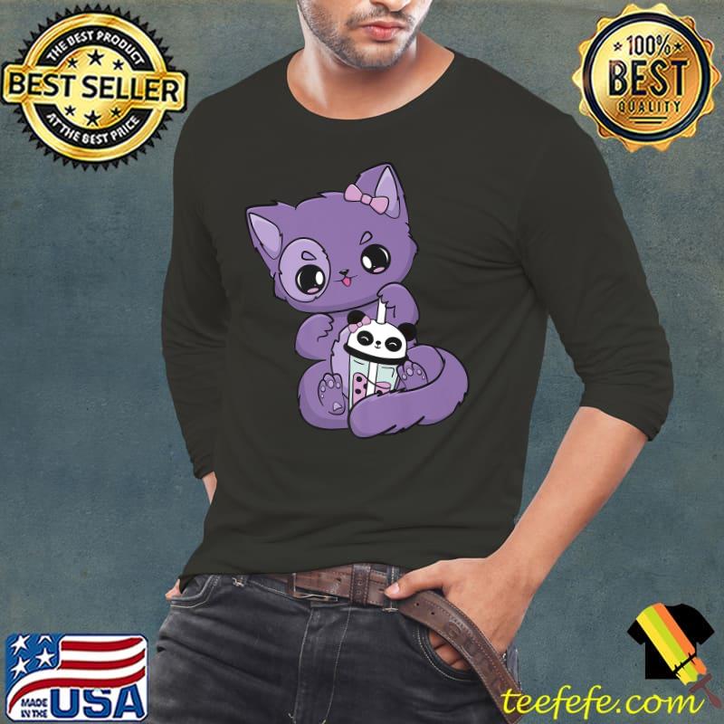 Yami Kawaii Pastel Goth Cute Black Cat With Boba Milk T-Shirt Long Sleeve Tee Yami Kawaii Pastel Goth Cute Black Cat With Boba Milk T-Shirt Long Sleeve Tee
