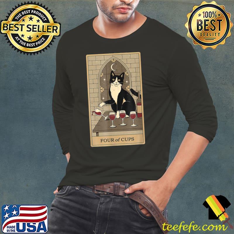 Arot Card Four Of Cups And Cat Drinking Wine T-Shirt Long Sleeve Tee Arot Card Four Of Cups And Cat Drinking Wine T-Shirt Long Sleeve Tee