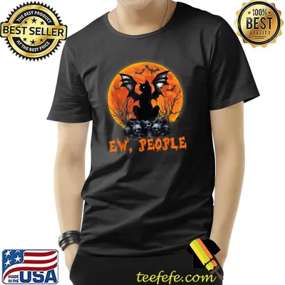 Ew People Black Cat Bat Wings Halloween Spooky Moon Red Skull T-Shirt