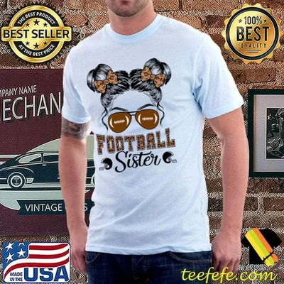 Football Sister Leopard Messy Bun Football T-Shirt