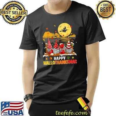 Happy HalloThanksMas Gnomes Witch Moon Thanksgiving Christmas T-Shirt